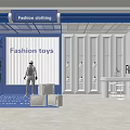 Fashion Clothing and Toys Store with Modern Display Shelves Mannequins Lockers and Blue White Decor