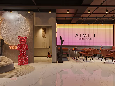 AIMILI Bar Interior Design With Cocktail Whisky Red Bear Sculpture Marble Floor And Chandeliers 3d model