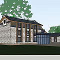 Traditional Modern Commercial Street Featuring Brick Structure Black Roof Glass Doors And Green Trees