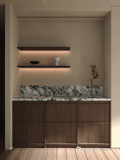 Wooden Kitchen Cabinets With Marble Countertop Floating Shelves Decorated With Vase Bowl And Indoor Plant 3d model 