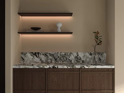 Wooden Kitchen Cabinets With Marble Countertop Floating Shelves Decorated With Vase Bowl And Indoor Plant 3d model