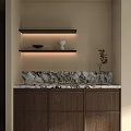 Wooden Kitchen Cabinets With Marble Countertop Floating Shelves Decorated With Vase Bowl And Indoor Plant