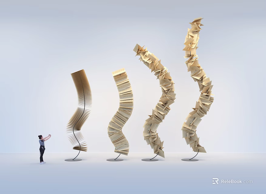 Spiral Wooden Art Installation Made Of Book Pages With Curved Upward Design And Person Nearby 3d model 
