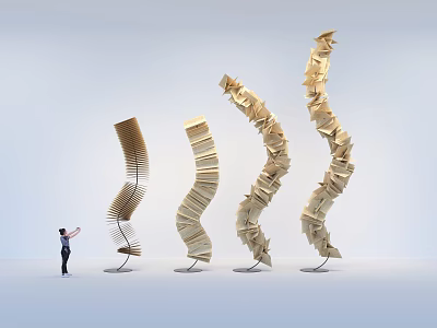 Spiral Wooden Art Installation Made Of Book Pages With Curved Upward Design And Person Nearby 3d model