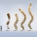 Spiral Wooden Art Installation Made Of Book Pages With Curved Upward Design And Person Nearby