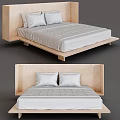 Simple Modern Double Bed With Wooden Headboard And White Mattress