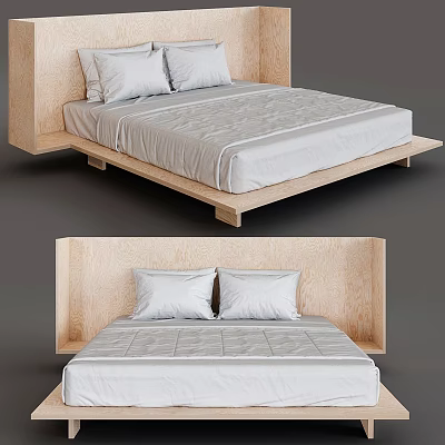 Simple Modern Double Bed With Wooden Headboard And White Mattress 3d model