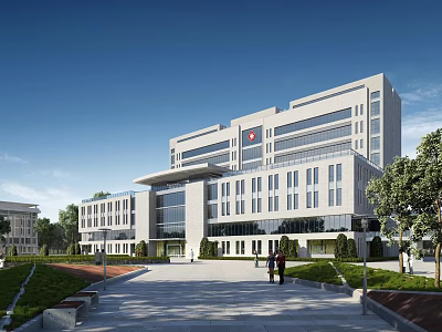 Modern Hospital Building Exterior With Spacious Entrance Landscaped Plaza And Clear Blue Sky 3d model