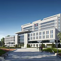 Modern Hospital Building Exterior With Spacious Entrance Landscaped Plaza And Clear Blue Sky