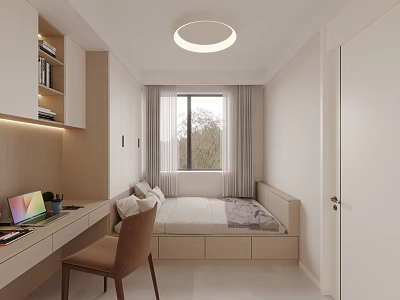 Minimalist Tatami Bedroom Interior With Storage Bed Desk And Natural Light 3d model
