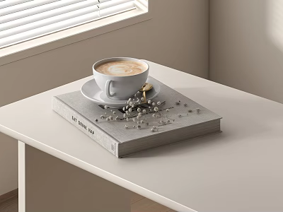 Cozy Reading Book Display With Latte Coffee Cup Saucer And Decorative Beads On White Table 3d model