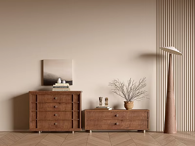 Modern Interior With Vertical Striped Wall Brown Furniture Decorations And Floor Lamp On Herringbone Floor 3d model