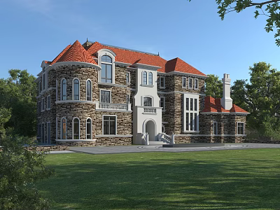 Detached Villa With Red Roof Stone Walls Arched Windows Surrounded By Green Trees And Lawn 3d model