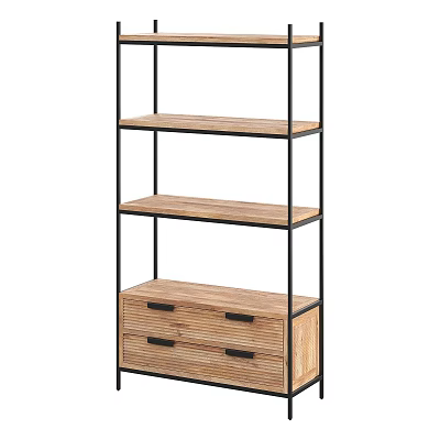 Display Shelf With Wooden Shelves Black Metal Frame And Storage Drawers 3d model
