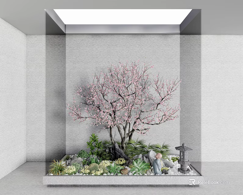 Indoor Garden Decor With Pink Flowering Tree Green Plants Figurines And Stone Lantern Under Skylight 3d model 