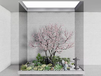 Indoor Garden Decor With Pink Flowering Tree Green Plants Figurines And Stone Lantern Under Skylight 3d model