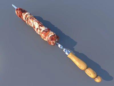 Grilled Juicy Marinated Meat Kebab on Metal Skewer with Wooden Handle 3d model