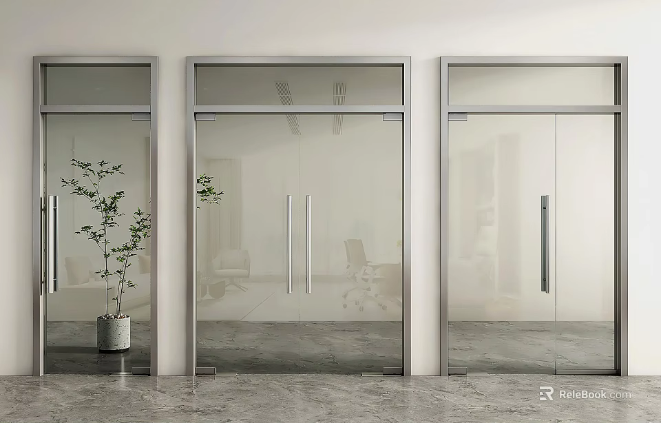 Modern Glass Double Doors With Silver Frames And Green Plant In Interior 3d model 