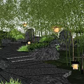 Tranquil Park Landscape With Bamboo Trees Large Rocks Stone Pathway And Steps
