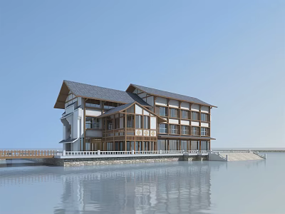 Waterfront Multi Story Hotel Building With Wooden Structure And Water Reflection 3d model