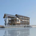 Waterfront Multi Story Hotel Building With Wooden Structure And Water Reflection