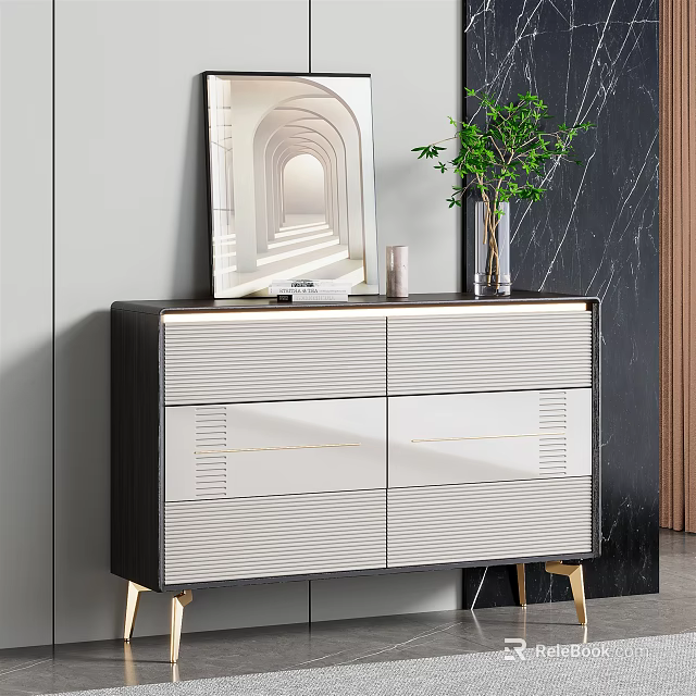 Modern Sideboard With Black White Design Gold Legs Green Plant And Decorative Painting 3d model 