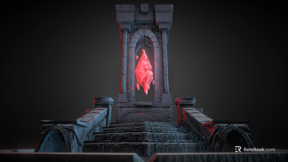 Dark Style Castle Structure With Red Crystal Archway And Stone Steps 3d model 