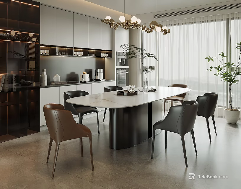 Elegant Modern Restaurant Interior With Open Kitchen Dining Table Leather Chairs And Chandelier 3d model 