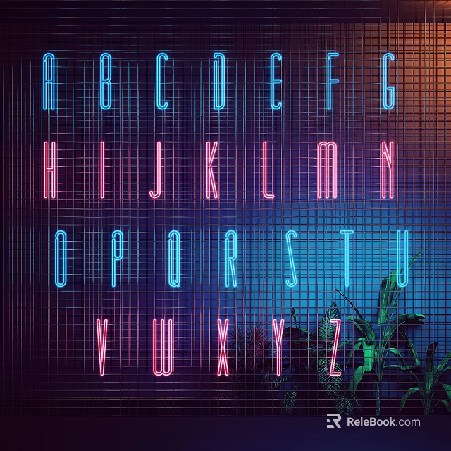 Decorative Neon Lights With Colorful Blue Pink Letters In Grid Background And Green Plants 3d model 