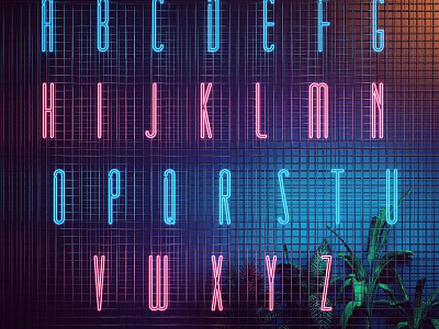 Decorative Neon Lights With Colorful Blue Pink Letters In Grid Background And Green Plants 3d model