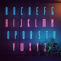 Decorative Neon Lights With Colorful Blue Pink Letters In Grid Background And Green Plants