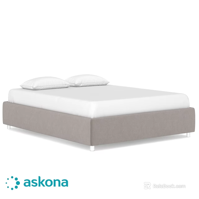 Modern Double Bed with White Mattress Gray Frame and Two Pillows 3d model 