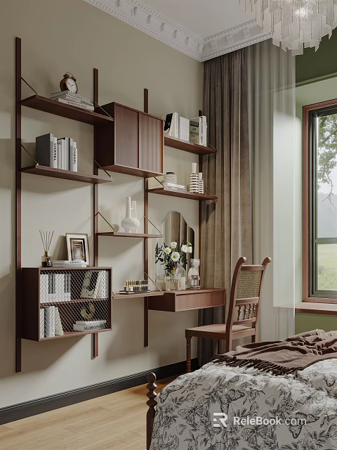Cozy Wooden Dressing Table with Shelves Books Decorations Chair and Window Curtains in Bedroom 3d model 