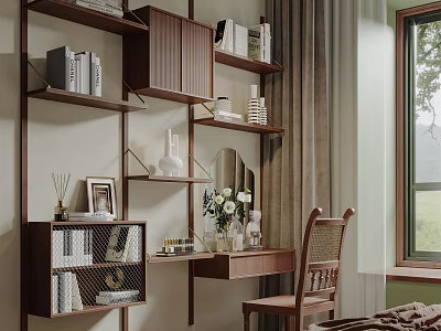 Cozy Wooden Dressing Table with Shelves Books Decorations Chair and Window Curtains in Bedroom 3d model