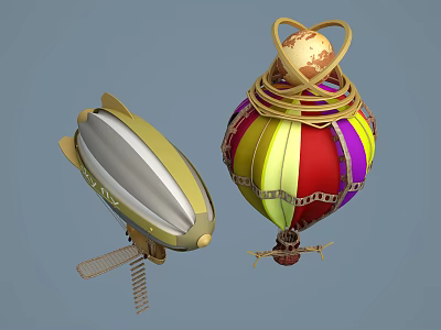 Colorful Hot Air Balloon and Silver Zeppelin Amusement Rides with Globe and Rings 3d model