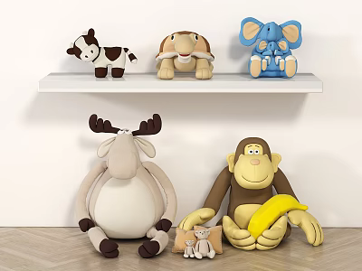 Plush Stuffed Toys Collection Featuring Cow Turtle Elephant Moose Monkey On Shelf With Banana Accent 3d model