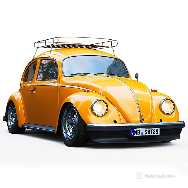 Vintage Yellow Volkswagen Beetle Car With Roof Rack And Sporty Wheels 3d model 
