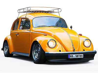 Vintage Yellow Volkswagen Beetle Car With Roof Rack And Sporty Wheels 3d model