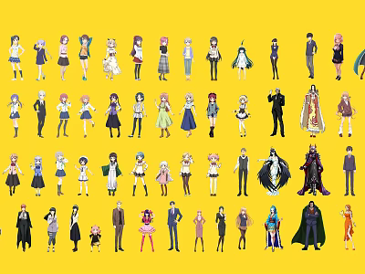 Various Game and Movie Characters in Different Outfits and Poses on Yellow Background 3d model