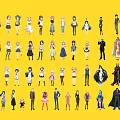 Various Game and Movie Characters in Different Outfits and Poses on Yellow Background