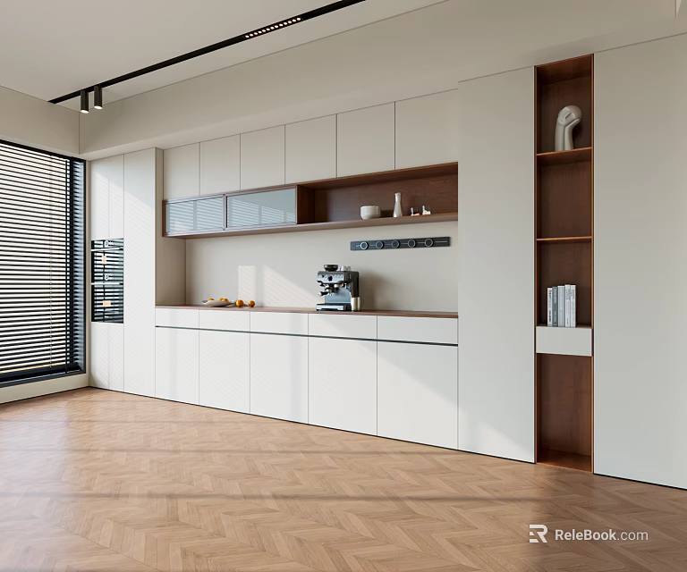 Modern Minimalist Sideboard With White And Brown Cabinets And Shelves In Kitchen With Wooden Floor 3d model 