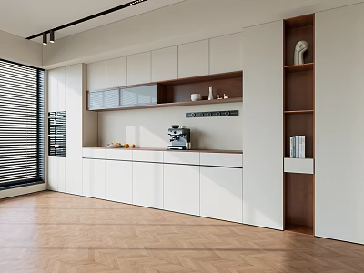 Modern Minimalist Sideboard With White And Brown Cabinets And Shelves In Kitchen With Wooden Floor 3d model