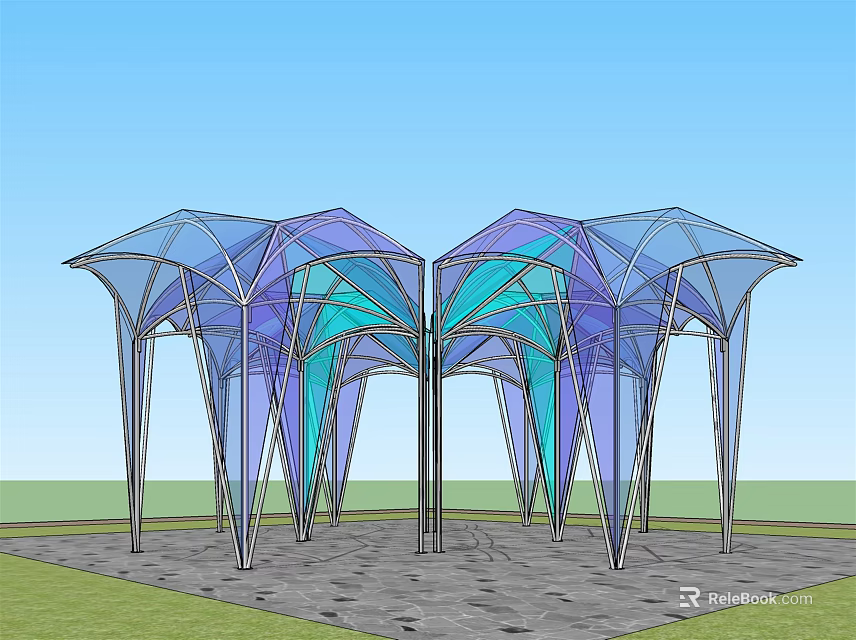 Modern Geometric Pergola with Transparent Blue Purple Canopy and Metal Supports in Outdoor Space 3d model 
