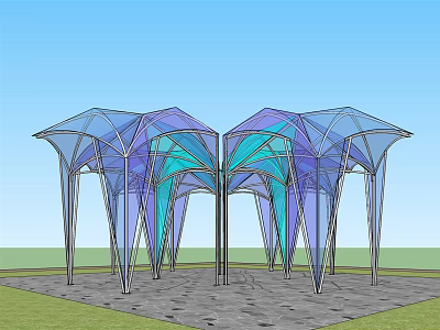 Modern Geometric Pergola with Transparent Blue Purple Canopy and Metal Supports in Outdoor Space 3d model