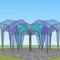 Modern Geometric Pergola with Transparent Blue Purple Canopy and Metal Supports in Outdoor Space
