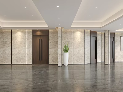 Modern Elevator Hallway With Marble Walls Dark Wooden Doors White Planter And Green Plant 3d model