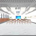 Spacious Classroom Interior With Wooden Desks Chairs Large Screen And Green Plants
