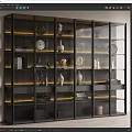 Modern Black Frame Display Cabinet With Glass Doors Built In Lighting And Decorative Items