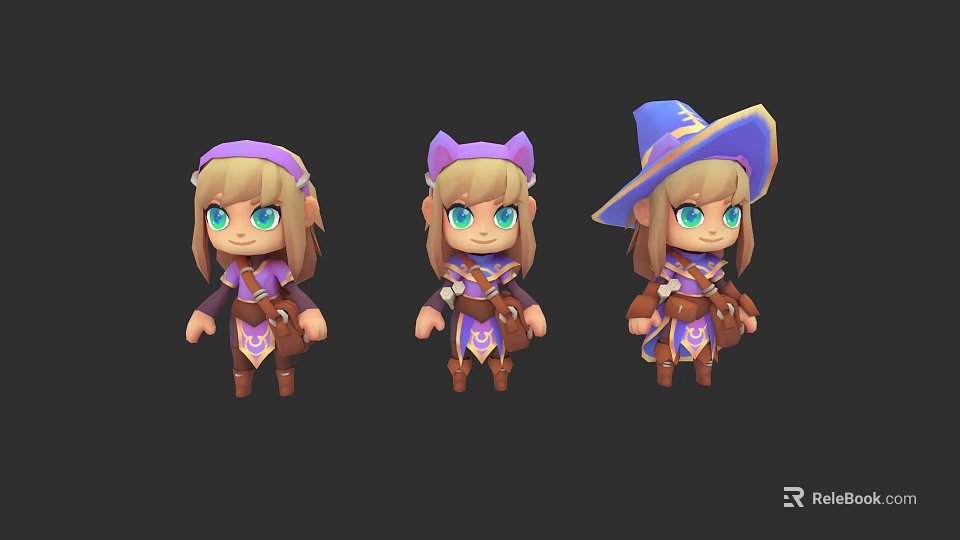 Cute Cartoon Style Game Characters With Different Headpieces And Purple Brown Outfits 3d model 