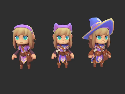Cute Cartoon Style Game Characters With Different Headpieces And Purple Brown Outfits 3d model